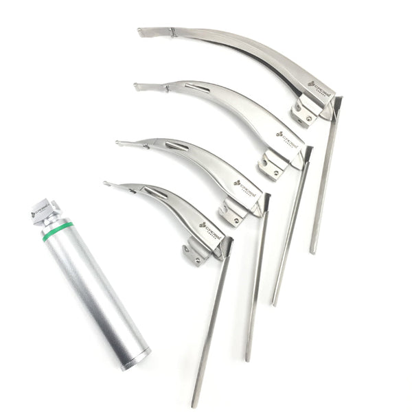 FIBER OPTIC MCCOY LARYNGOSCOPE SET WITH 4 FLEX TIP BLADES & HANDLE