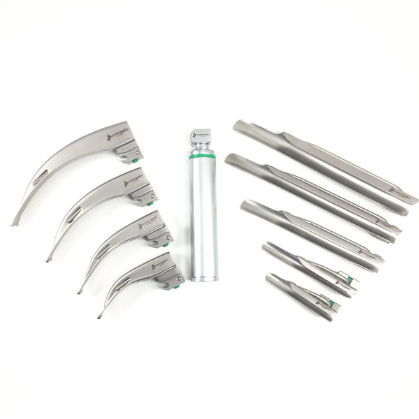 FIBER OPTIC MACINTOSH & MILLER COMBO LARYNGOSCOPE SET WITH 9 BLADES AND HANDLE