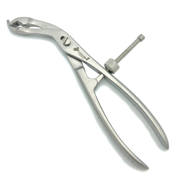 BONE HOLDING FORCEPS, SELF-RETAINING, 9.75" (24.5CM), 1 SERRATED JAW, ANGLED WITH SIDE LOCK